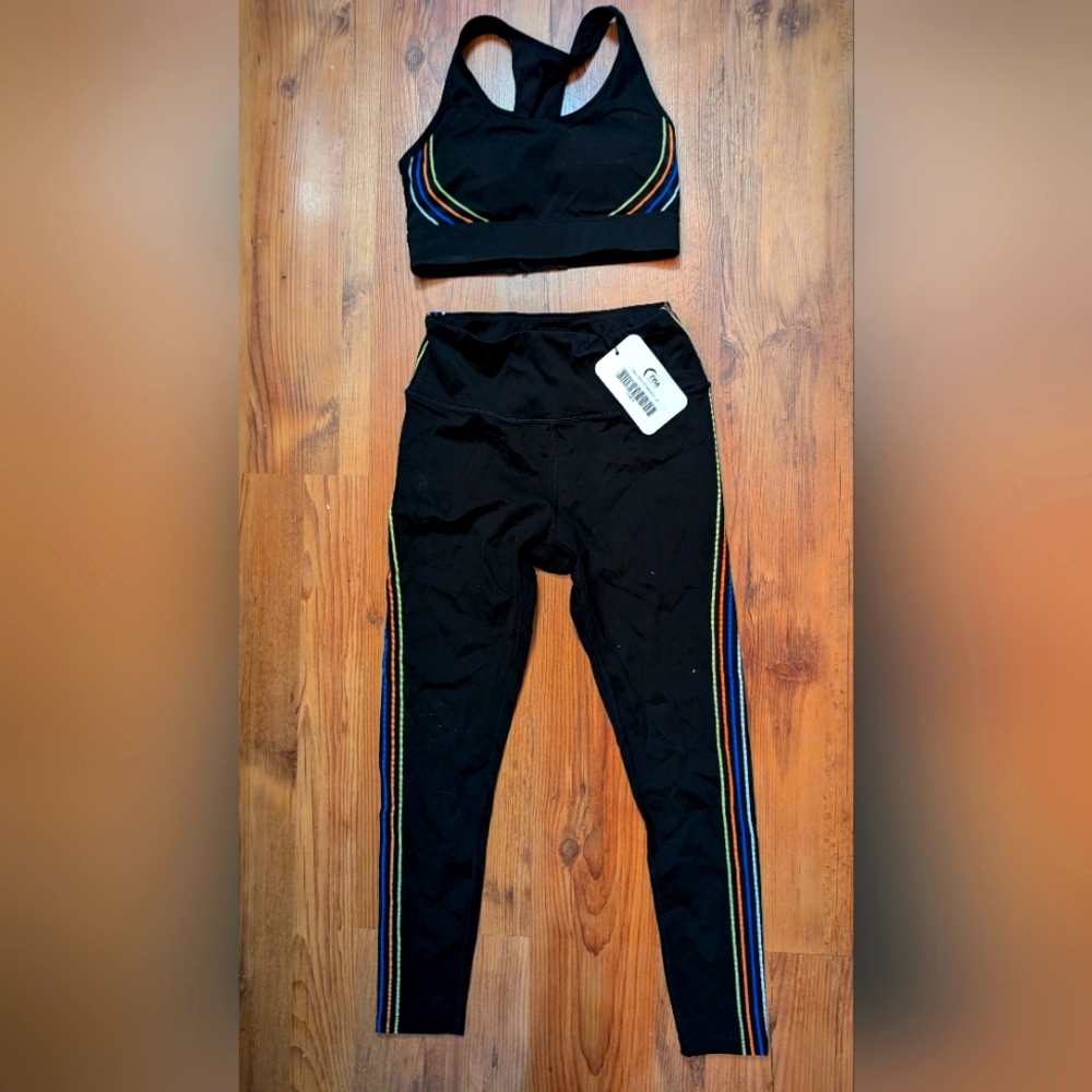 ZYIA Black Sports Bra and Leggings Set with Rainbow Stripes
